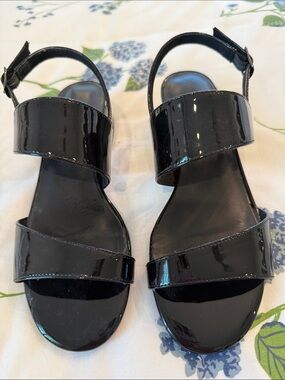 Vaneli Black Patent Two-Strap Ankle Sandals